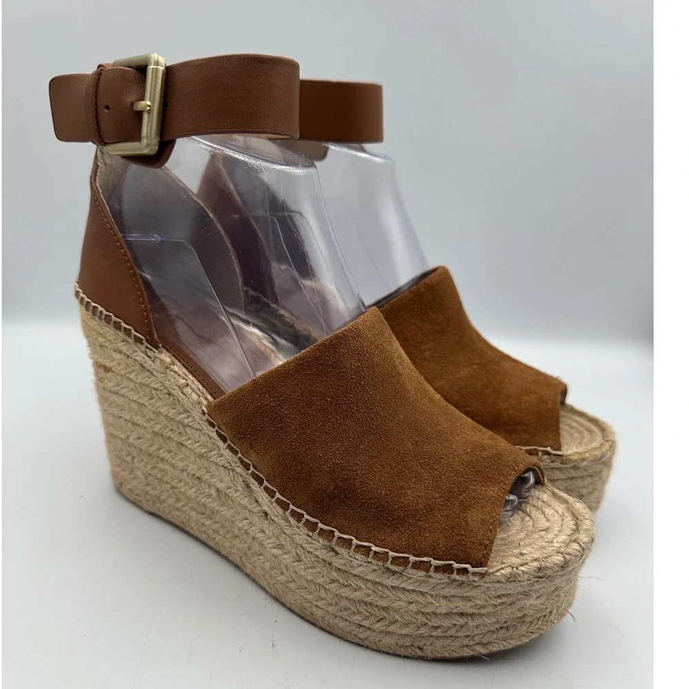 New Marc Fisher Espadrille Wedge Sandals 7 Brown Suede Adalyn Platform Summer
